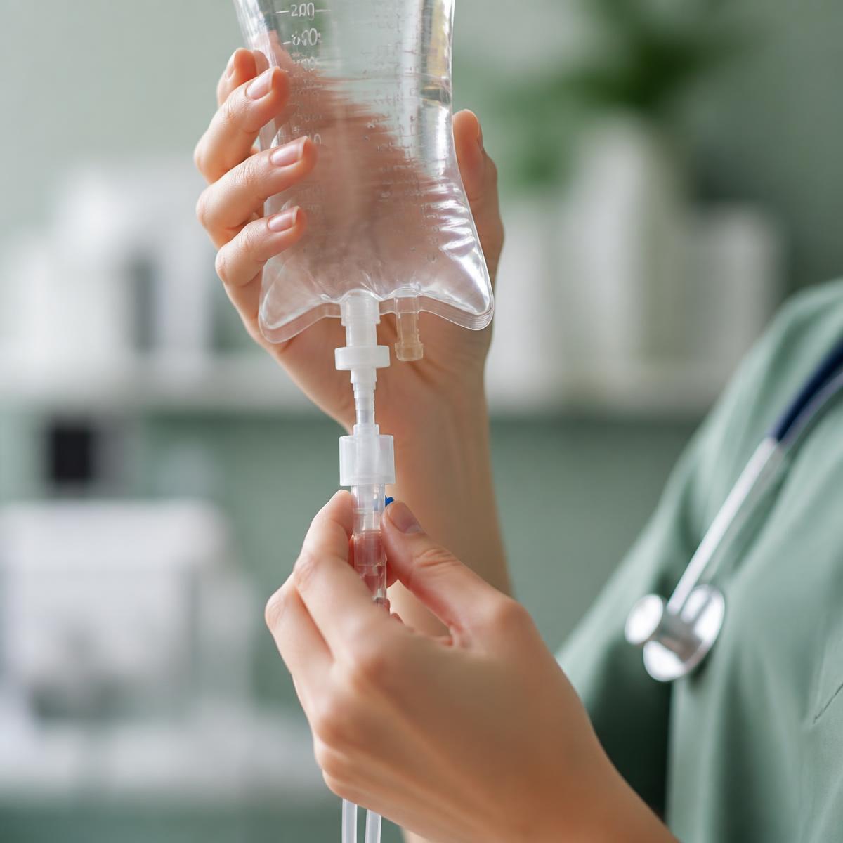 A medical doctor preparing a sterile IV vitamin infusion