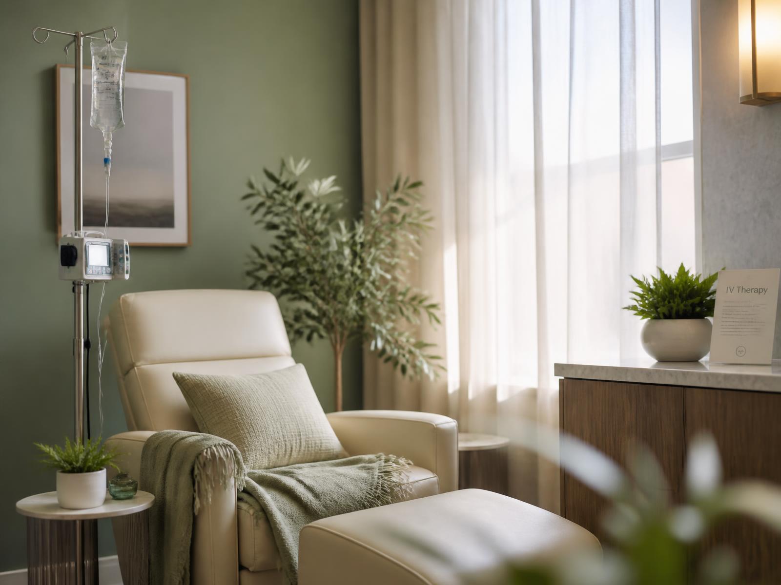 Calm treatment room at The IV Recovery Lab with a recliner and IV stand